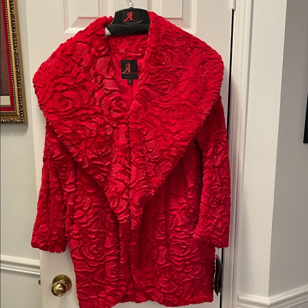 Adrienne Landau Scarlet Floral Textured Faux Fur Jacket/Coat